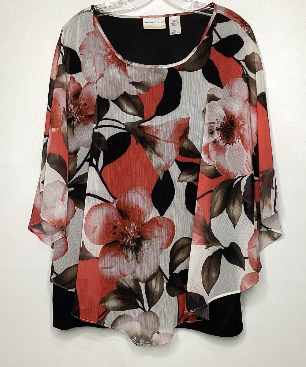 Alfred Dunner Women Size 22W Floral Print Blouse Black Strap Top Underneath